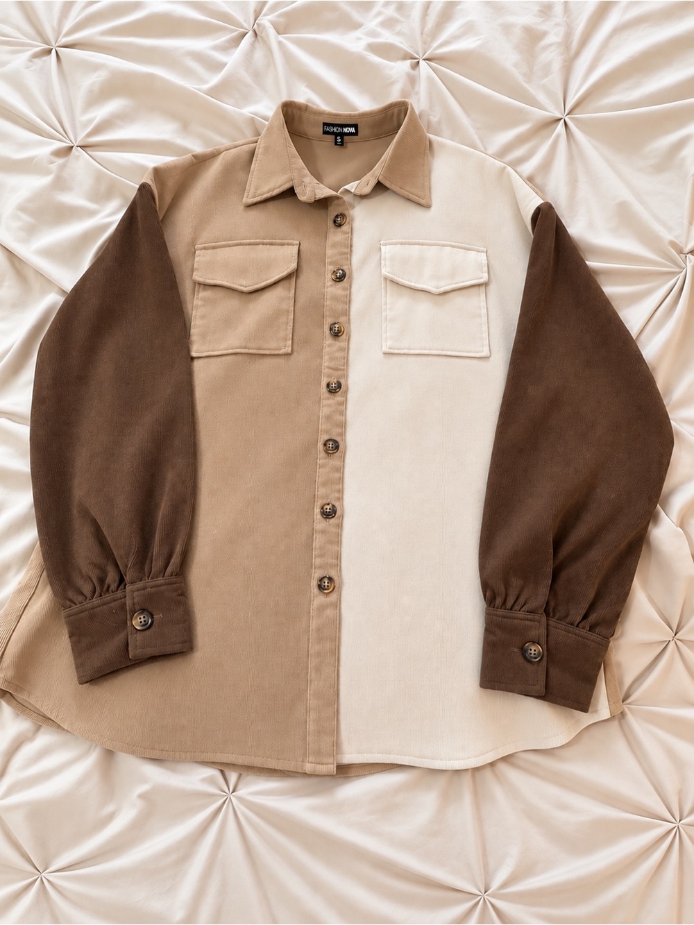 Fashion Nova Colorblock Corduroy Shacket Oversized XL Brown Cream